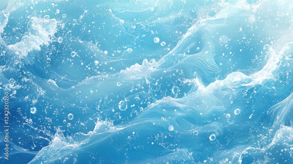 Poster blue background with water bubbles and a white wave creating a tranquil and refreshing scene