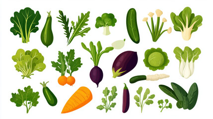 Fresh vegetables including leafy greens, carrots, and cucumbers arranged artistically, showcasing vibrant colors and diverse shapes, perfect for healthy eating and cooking inspiration