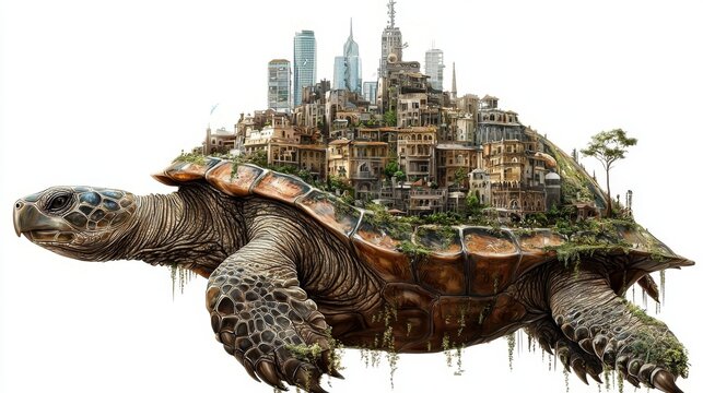 Giant Turtle Carrying a Lush Cityscape on Its Shell Surrounded by Greenery and Urban Elements