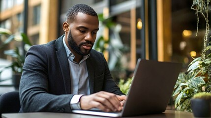 Focused black businessman working on laptop in cafe