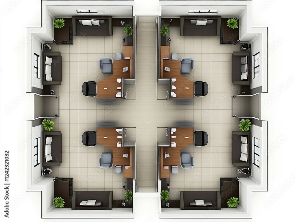 Poster modern office space design: top-down view of efficient workspace layout with ergonomic furniture and