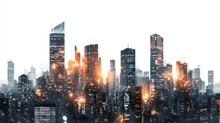 Fototapeta premium Urban Skyline with Glowing Lights at Dusk, Modern Architecture, Cityscape, High Rise Buildings, Urban Landscape for Stock Photography