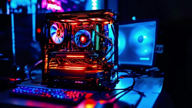 A vibrant gaming setup featuring a powerful PC with glowing components and a monitor in a dark room