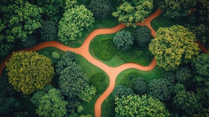 Aerial view of intersecting winding red pathways surrounded by dense, lush green trees and grass in a scenic park