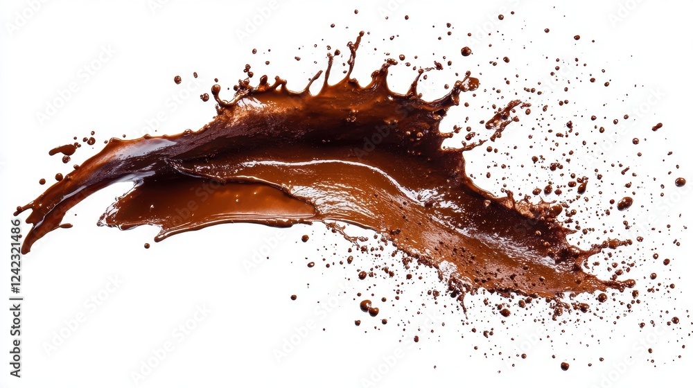 Poster chocolate splash on a white background creating abstract patterns and textures for food and drink de