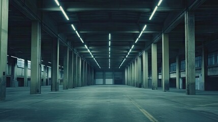 Obraz premium Vast empty warehouse with high ceilings and industrial lighting.