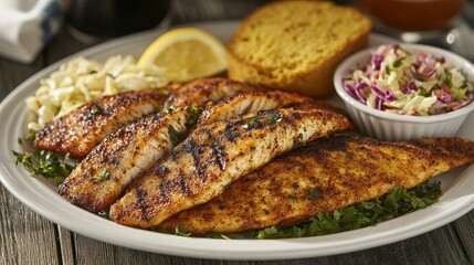 Delicious Blackened Fish with Cornbread and Coleslaw