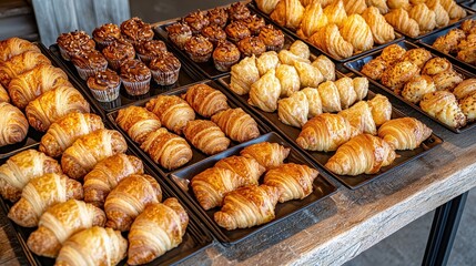 Assortment of freshly baked pastries including croissants, chocolate muffins, and other flaky treats neatly arranged on trays