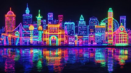 Obraz premium Colorful Neon Skyline with Reflections at Night Over Water in a Vibrant Urban Environment