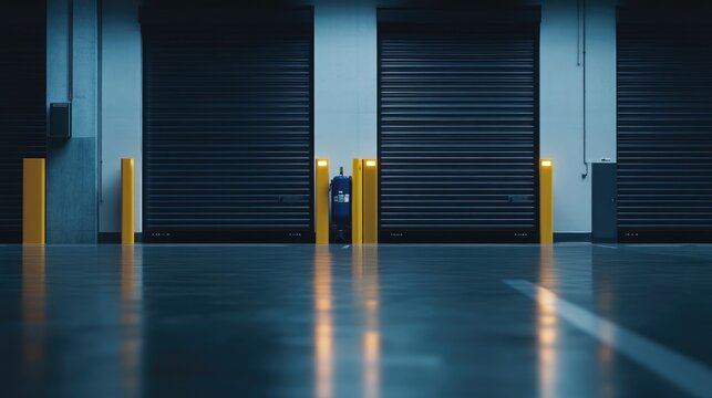 Warehouse with industrial roller shutter doors partially open.