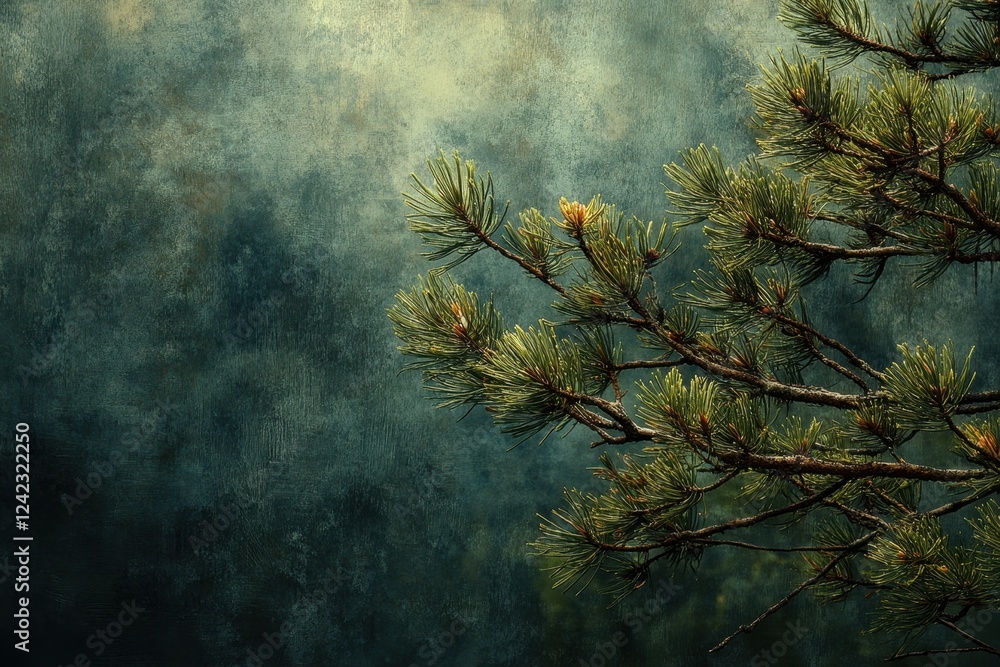 Poster close up of a pine tree branch featuring a small pine cone on a green background in natural setting