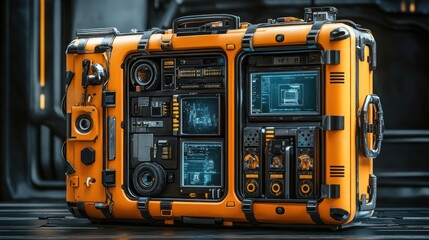 Futuristic orange tech device with multiple screens and controls.