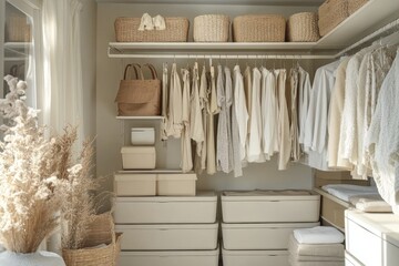 Minimalist white wardrobe with neatly arranged clothes