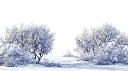 Obraz premium Breathtaking Winter Landscape Featuring Snowy Trees and Frosted Bushes Against a Bright White Background
