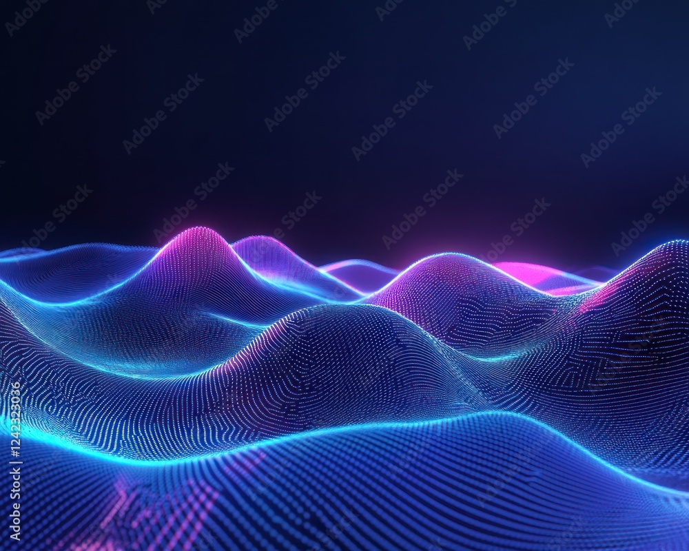 Poster glowing wave forms on a dark backdrop for abstract science or futuristic concepts