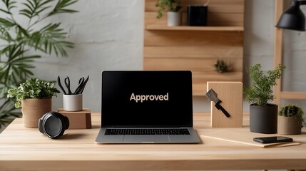 Businesswoman Stamping Approved on Eco-Regulation Documents in Sustainable Workspace
