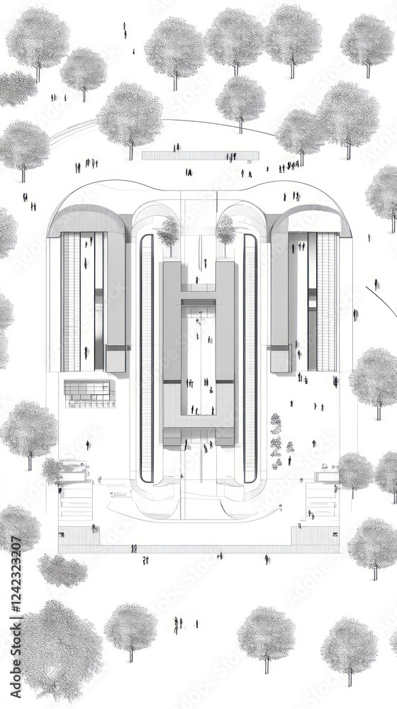 Poster architectural design: top-down view of a modern building complex surrounded by greenery.