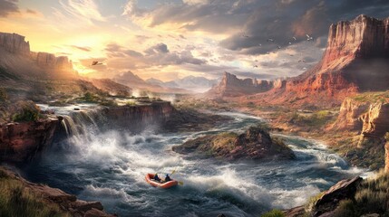 Fototapeta premium Rafters Navigate Turbulent Waters in Scenic Canyon