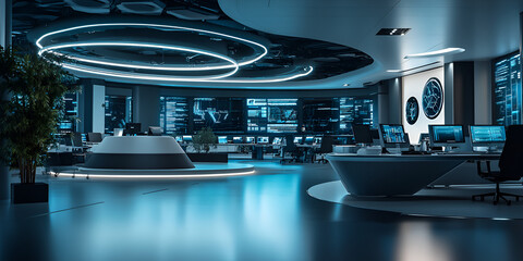 Futuristic command center with digital control panels, High-tech office with data visualization and analytics tools