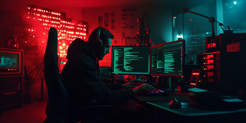 Hacker working in a dark room with multiple screens, Cybersecurity and hacking activity in a tech workspace