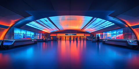 Futuristic airport terminal with neon lighting, Modern transportation hub with digital technology and vibrant design