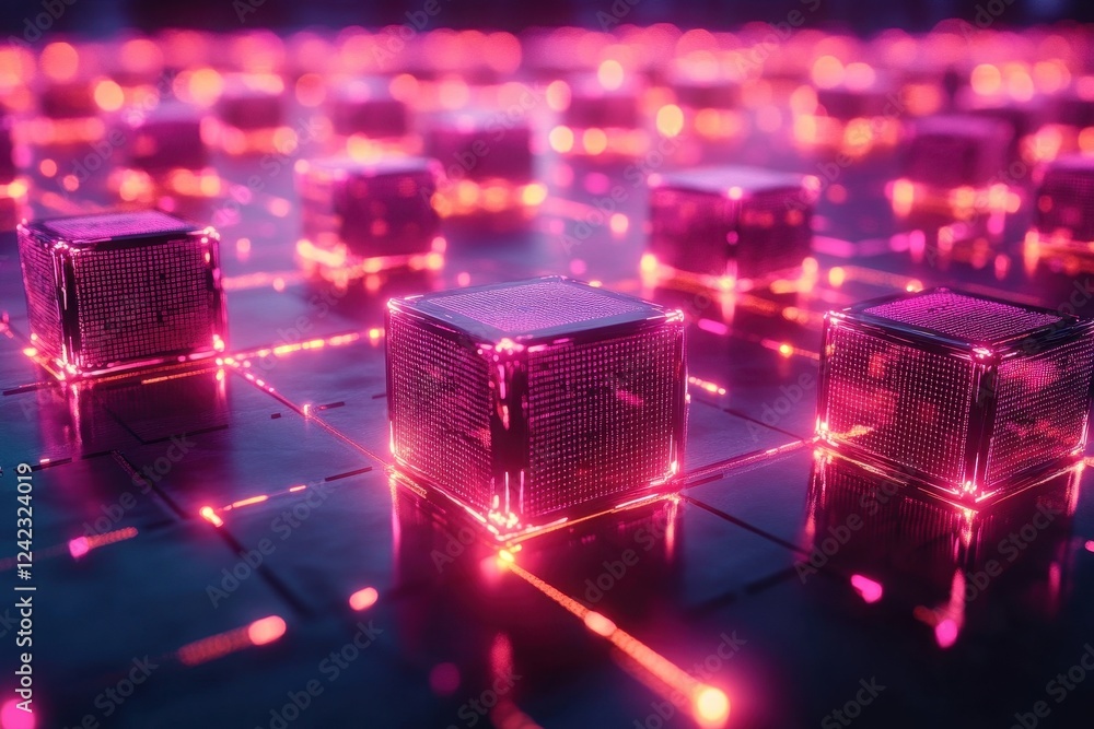 Aufkleber collection of illuminated cubes arranged in a creative pattern with glowing lights in a dark backgro