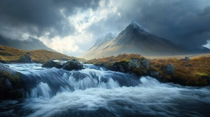 Fototapeta premium Rushing River Through Dramatic Mountain Scenery