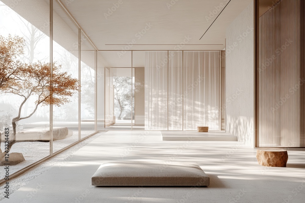Poster room with a tree in the center creating a natural indoor environment with greenery and light