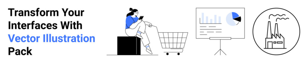 Woman browsing phone near a shopping cart, data analytics on a screen, industrial factory symbol. Ideal for e-commerce, analytics, business, technology, shopping, industrial design flat landing page