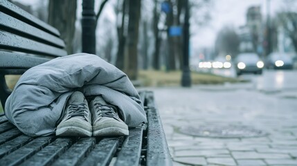 Worn Shoes Peeking Out from Sleeping Bag on Urban Park Bench