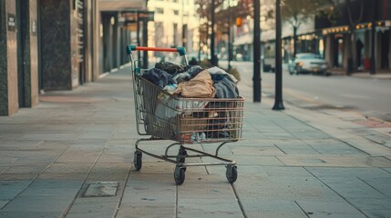 Fototapeta premium Abandoned Shopping Cart Filled with Clothes on Urban Sidewalk