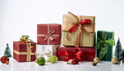 Christmas gift boxes and decorations. Chistmas gift boxes, isolated white background