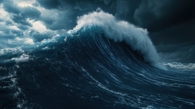 powerful ocean wave crashing against dark stormy sky, showcasing nature raw energy and beauty. scene evokes sense of awe and intensity