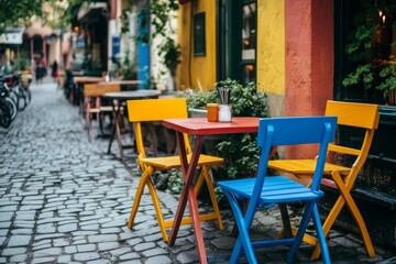 Naklejka premium Outdoor café with colorful tables and chairs