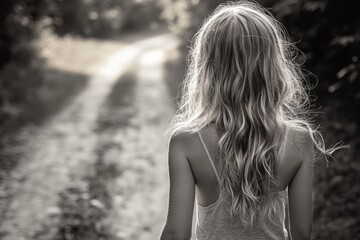Back view of a blonde woman in a floral dress