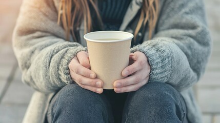 Volunteer Offering Warm Sou in Paper Cup to Those in Need