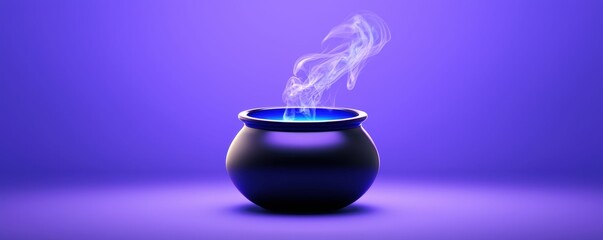 Mystical cauldron emitting steam in purple light