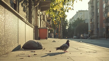 Pigeon foraging for crumbs on a sunlit city street in urban setting