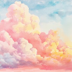 Fototapeta premium Soft pastel-colored watercolor clouds blending pink, yellow, and white hues against a serene blue sky for dreamy compositions