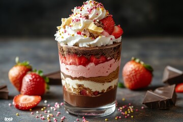 Strawberry chocolate dessert parfait, layered, delicious, dark background, food photography