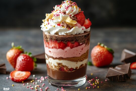 Strawberry chocolate dessert parfait, layered, delicious, dark background, food photography