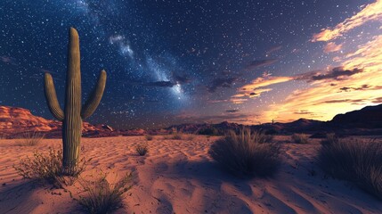 Majestic Cactus Under Starry Sky in Vast Desert Landscape During Twilight hour with Bright Milky Way and Dramatic Clouds