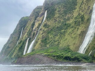 Waterfalls streaming off huge green cliffs into the ocean below on Hawaii's rugged North Kohala Coast