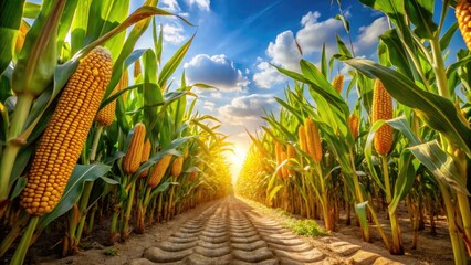 Obraz premium Mature corn plants in a field, showcasing the growth and vibrancy of corn.