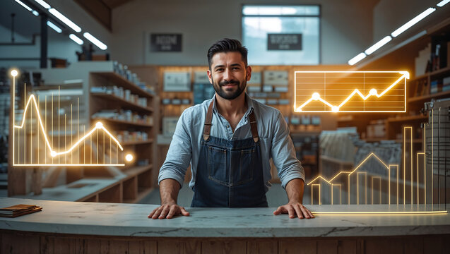 man looking at graph, Retail Store Facing Decline from Online Competitors with Digital Graphics Depicting the Impact of E-Commerce