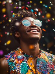 Portrait of a black African American or Brasilian man, happy smiling boy, teenager celebrating a festive event, victory, success, vacation or holiday with confetti flying, gay colors, having fun