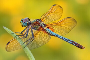 Closeup of a dragonfly with detailed wings in sunlight