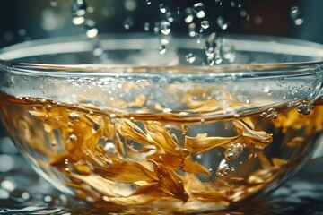 Glass of whiskey with ice cubes and golden hues