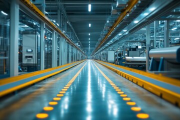Futuristic factory interior with glowing blue lights
