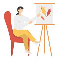Illustration of People Painting at Canvas. Isolated on White Background. Vector Cartoon Character